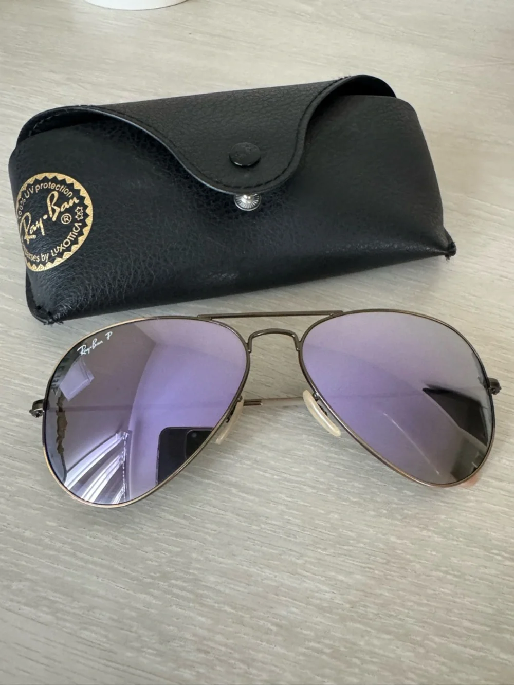Ray-Ban Aviator Sunglasses with Purple Lenses and Gold Frame
